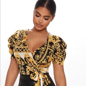 Gold & Black Puff Sleeve Bodysuit. NWT.